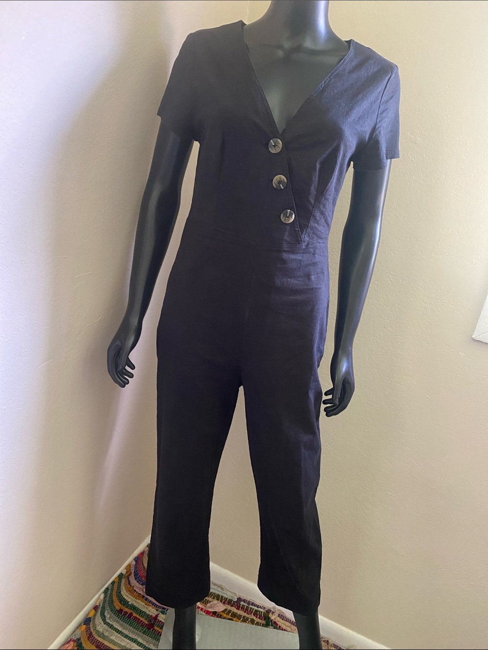 Urban Outfitters Black Short-Sleeve Button Jumpsuit